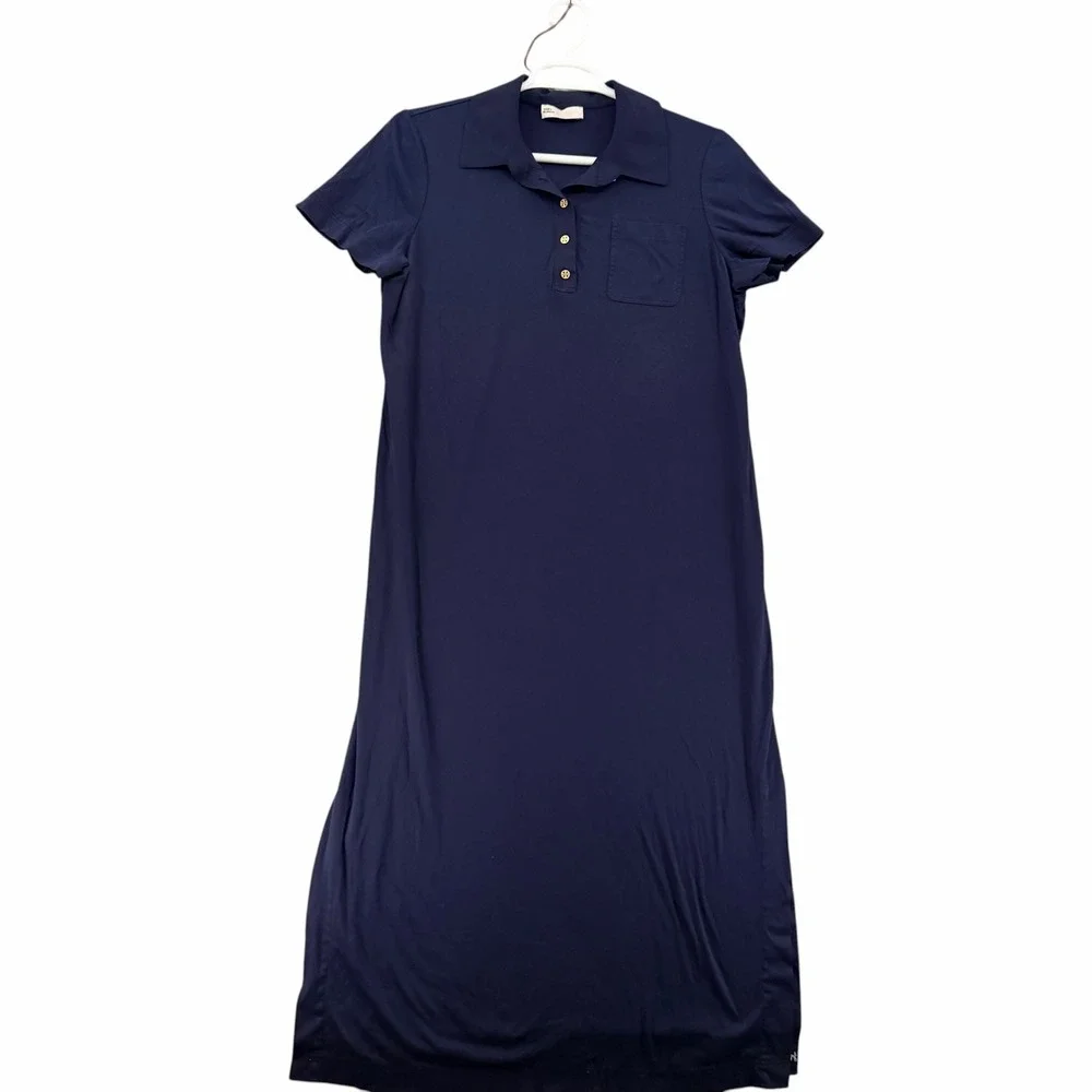 Tory Burch Navy Blue Polo Maxi Dress XXL Gold Logo Buttons Pockets Side Slits